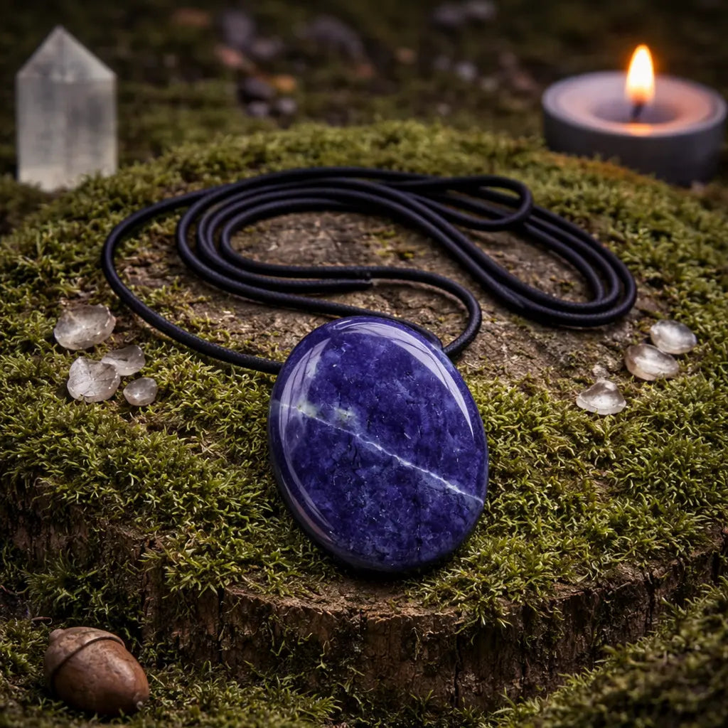 Pendentif en sodalite ovale polie bleu nuit avec des veines blanchâtres, monté sur un cordon noir et posé sur une souche moussue avec une bougie et un cristal de roche.