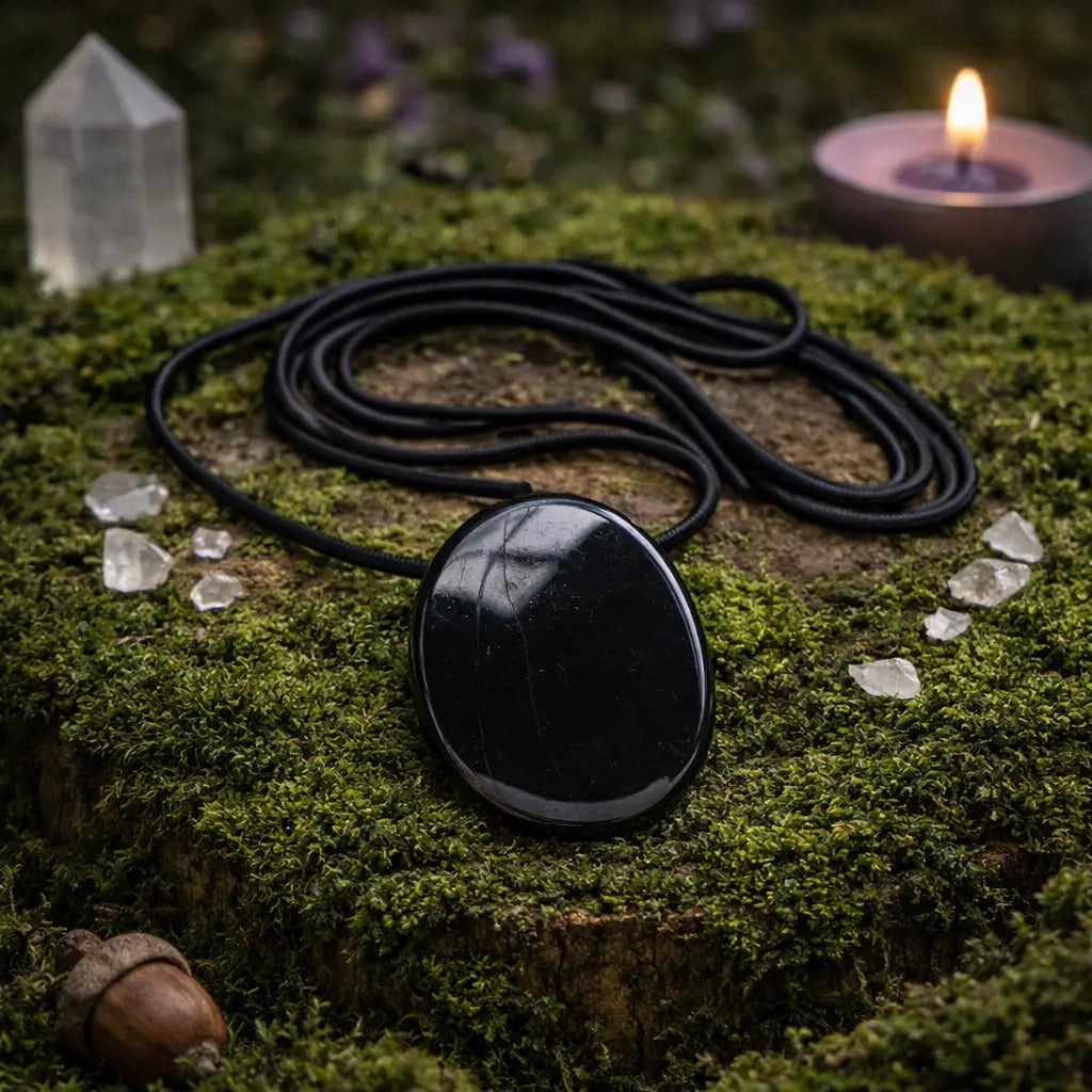 Pendentif en tourmaline noire de forme ovale polie, monté sur un long cordon noir et disposé sur une souche moussue avec un cristal de quartz et une bougie.