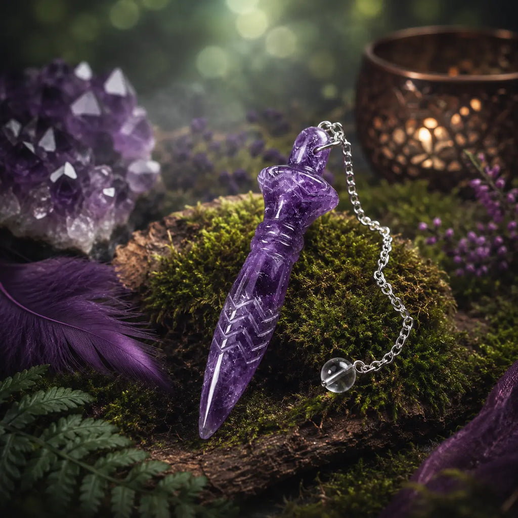 Pendule égyptien Thot en améthyste violette translucide sculptée, posé sur un lit de mousse sylvestre à côté d'une géode de cristal violet et d'un photophore tamisé.
