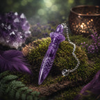 Pendule égyptien Thot en améthyste violette translucide sculptée, posé sur un lit de mousse sylvestre à côté d'une géode de cristal violet et d'un photophore tamisé.