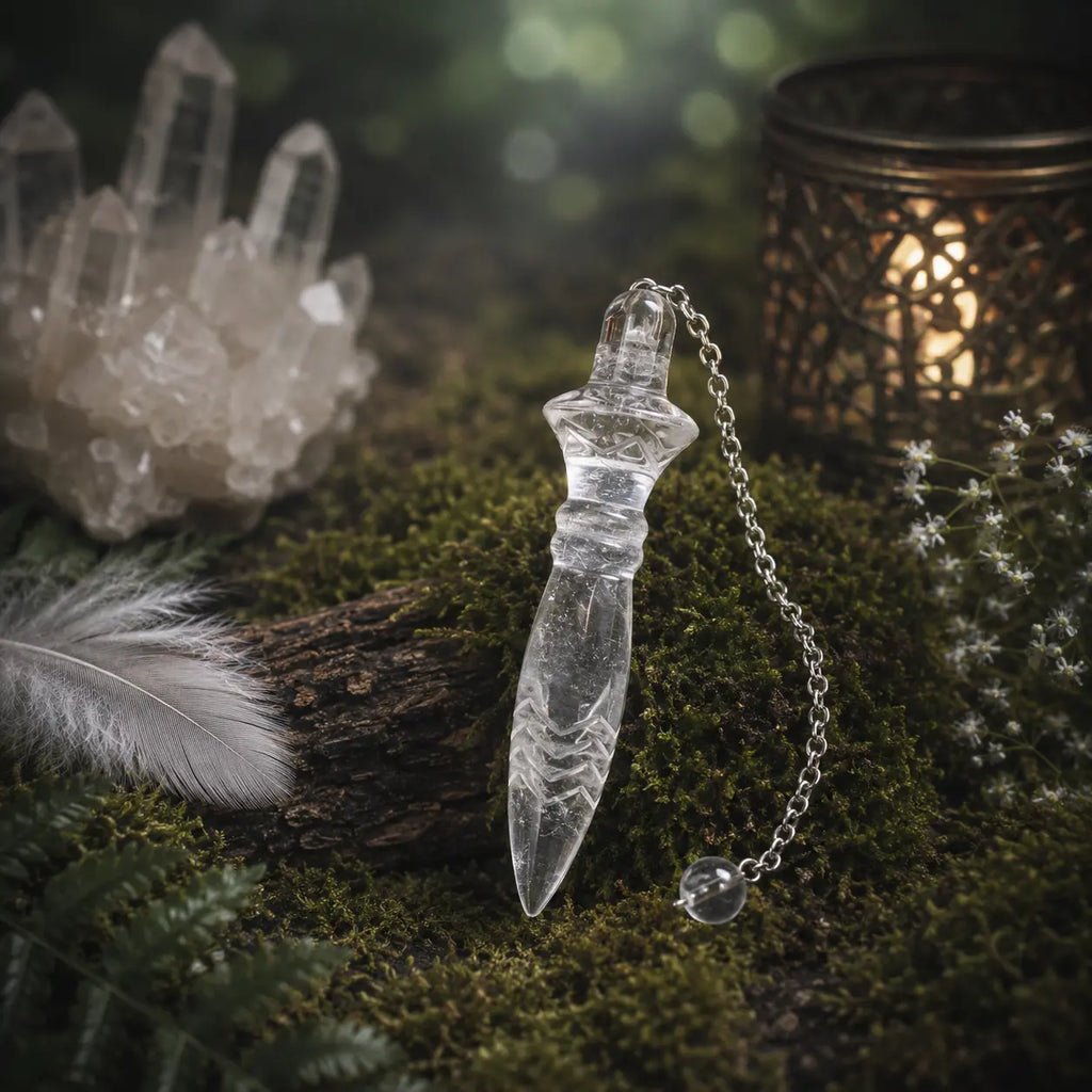 Pendule égyptien Thot en cristal de roche transparent sculpté, posé sur une écorce moussue à côté d'un amas de quartz, d'une plume blanche et d'un photophore.