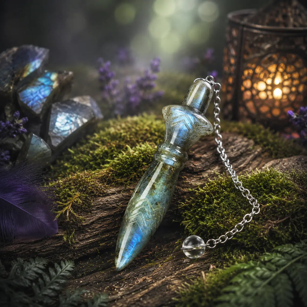 Pendule égyptien Thot en labradorite aux reflets bleutés et dorés intenses, posé sur une écorce moussue avec sa chaînette argentée, à côté de cristaux bruts et de petites fleurs violettes.