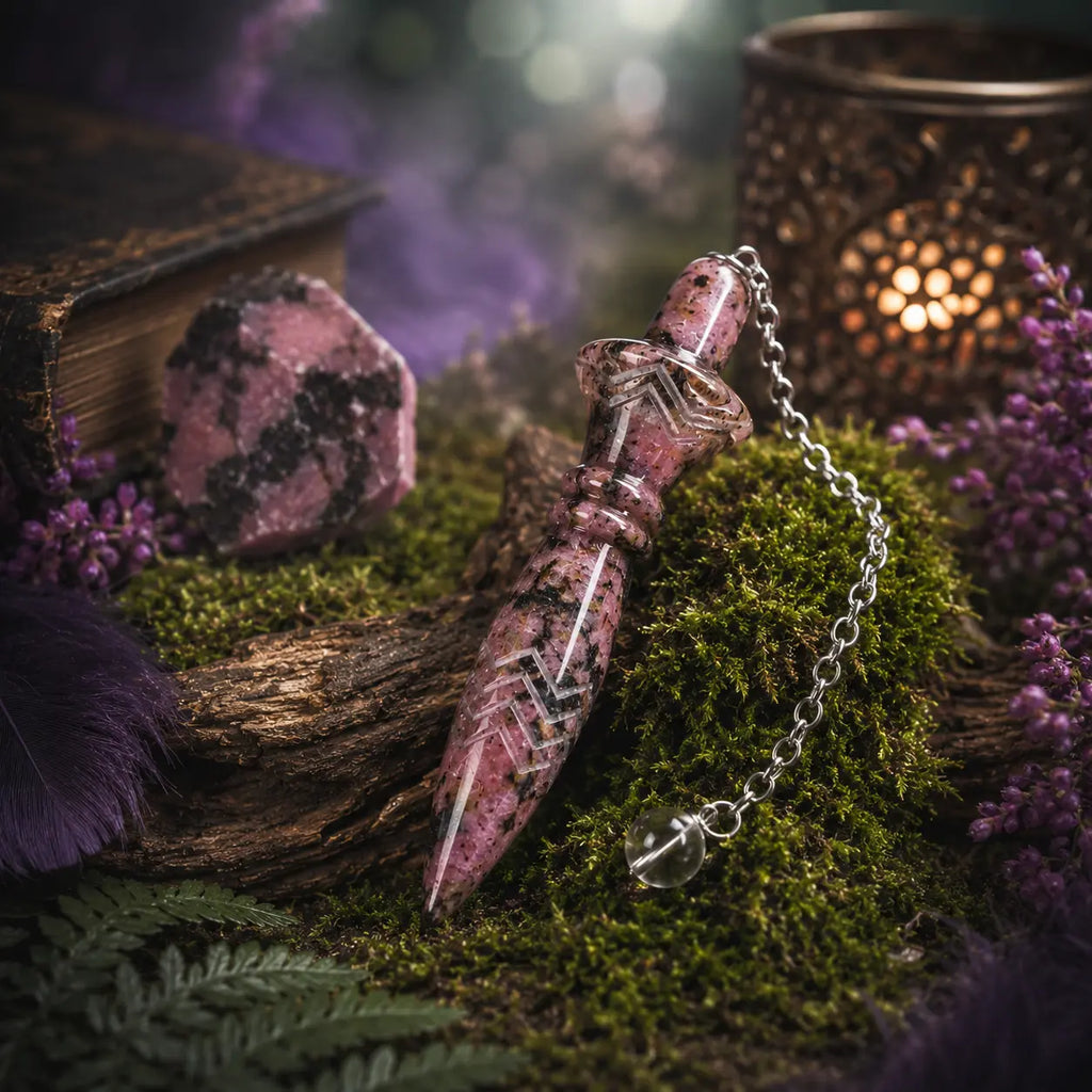 Pendule égyptien Thot en rhodonite rose marbrée de noir, posé sur un lit de mousse sylvestre à côté d'un bloc de pierre brute, d'un vieux grimoire et d'un photophore métallique ajouré.