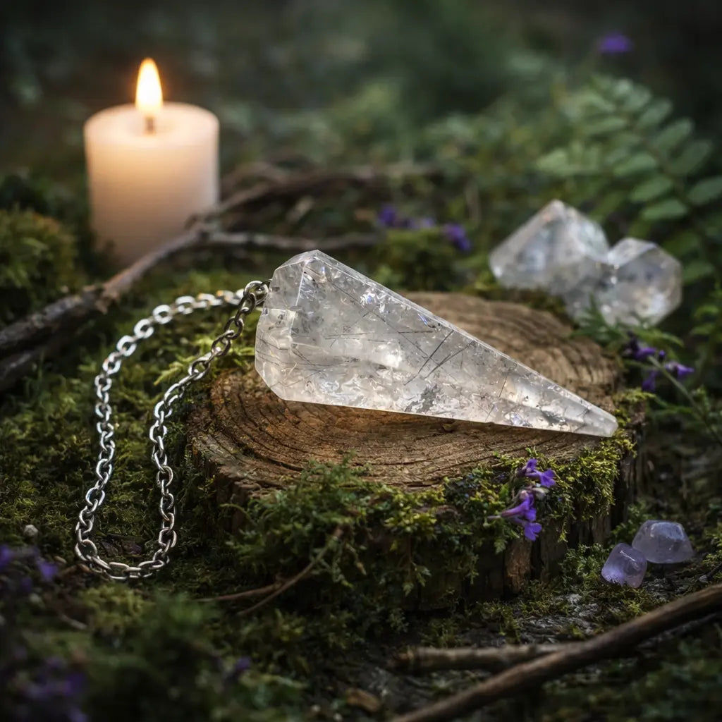 Pendule en forme de cône à facettes en Cristal de Roche translucide avec fines aiguilles de Tourmaline noire, posé sur un rondin de bois moussu dans une atmosphère de forêt sacrée.