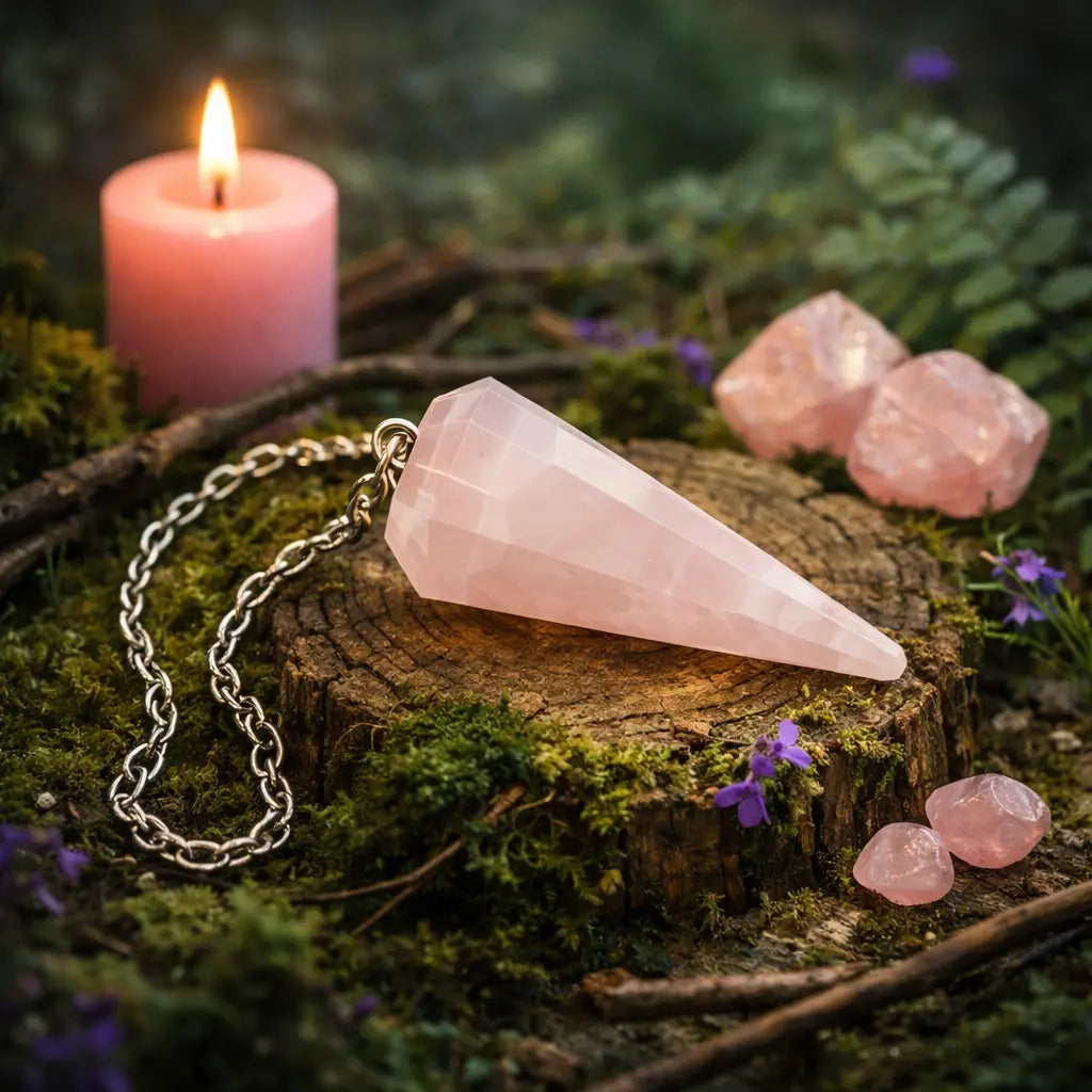 Pendule en forme de cône à facettes en Quartz Rose translucide posé sur un socle en bois dans une atmosphère rituelle douce avec bougie rose.