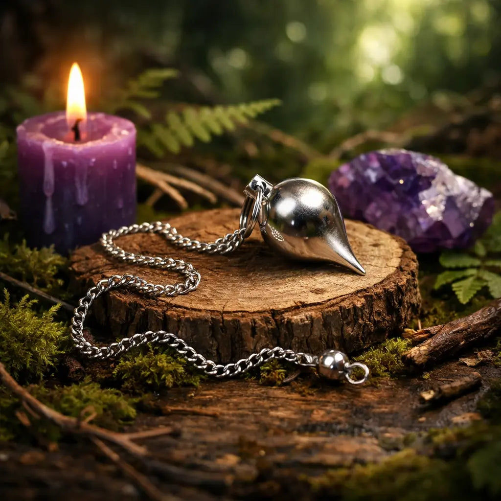 Pendule en forme de goutte en métal chromé brillant posé sur un socle de bois avec une améthyste et une bougie violette en arrière-plan.