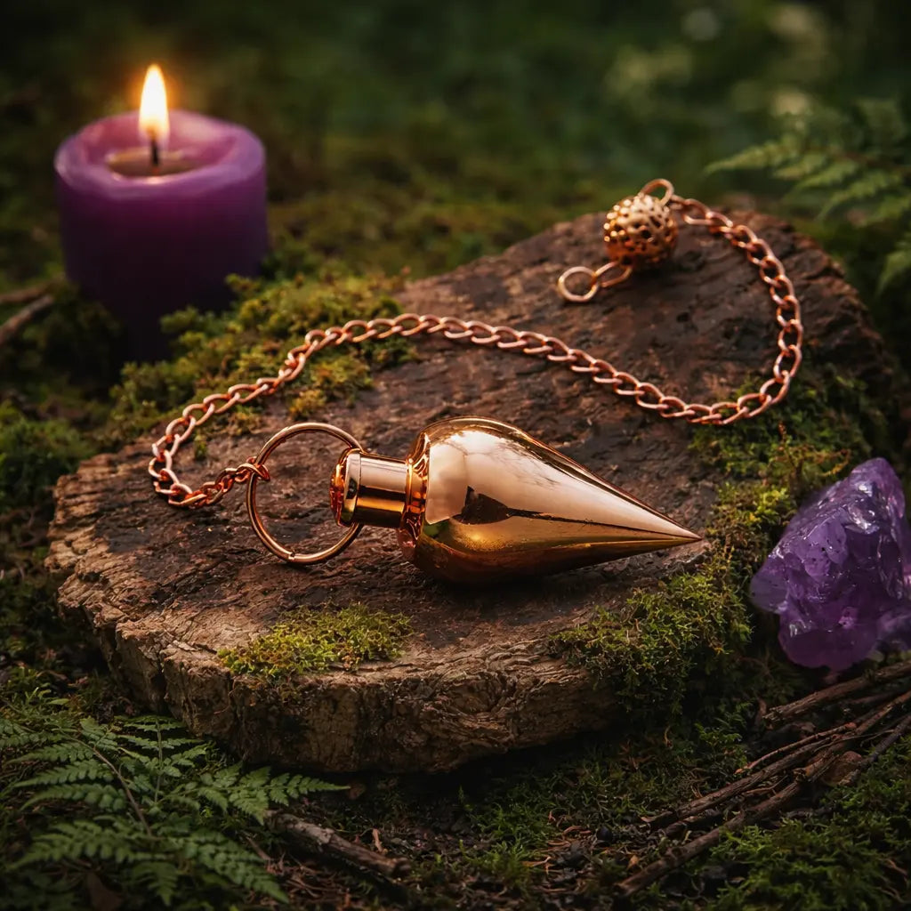 Pendule en métal cuivré en forme de goutte déposé sur une souche de bois moussue à côté d'une bougie et d'un cristal.