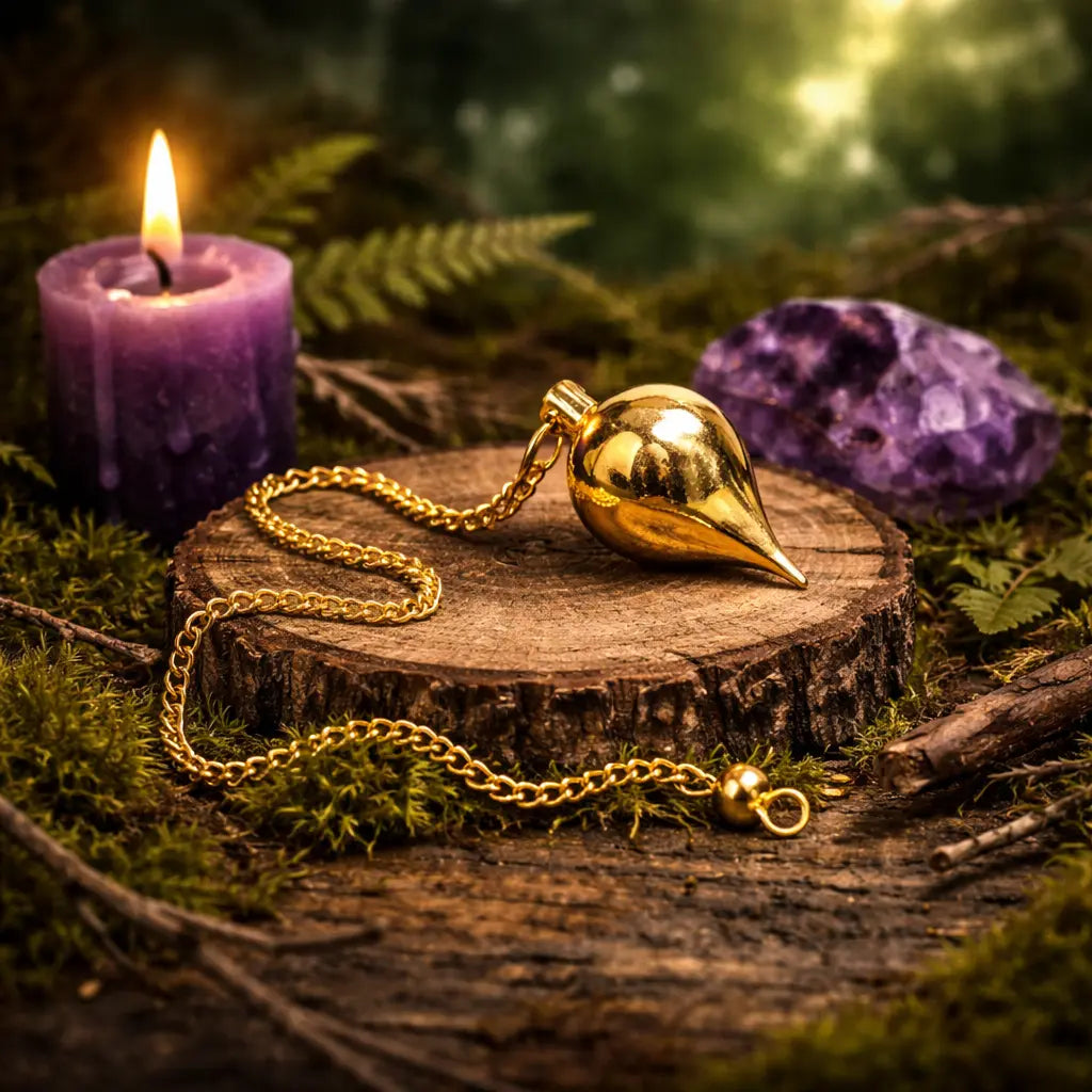 Pendule en forme de goutte en laiton doré brillant posé sur un socle de bois avec une améthyste brute et une bougie violette allumée en arrière-plan.