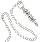 Pendule Isis argenté à témoin en métal brillant avec chaîne et corps annelé forme égyptienne.