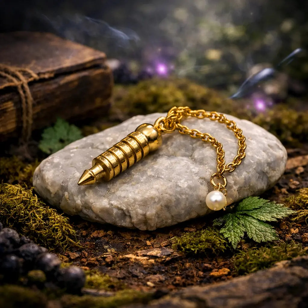 Pendule Isis en laiton doré avec chambre à témoin et perle nacrée reposé sur une roche de quartz dans une ambiance de sous-bois enchanté.