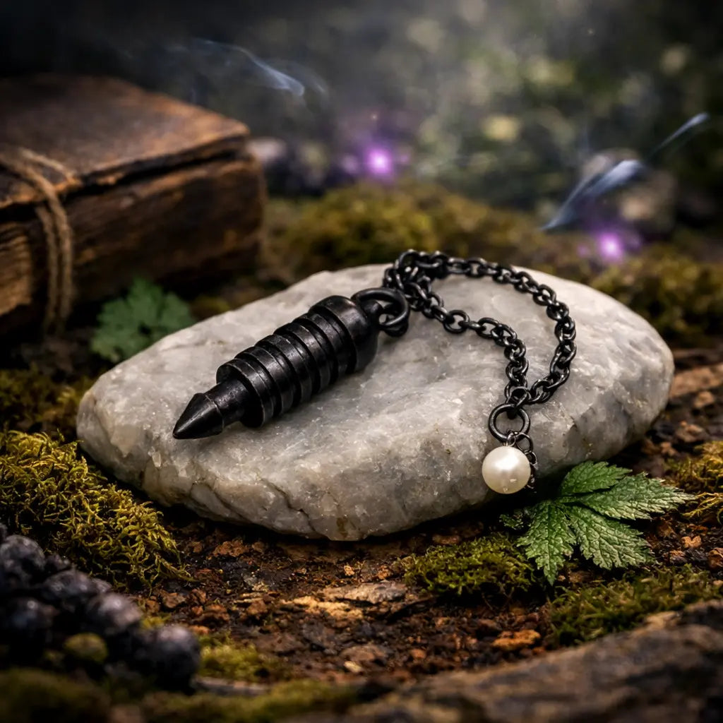 Pendule Isis en laiton noir avec chambre à témoin et perle nacrée posé sur une pierre blanche dans un sous-bois mystique.