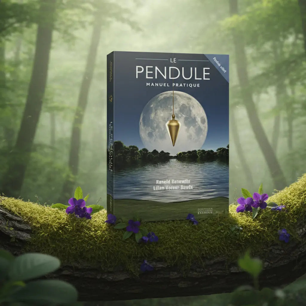 Coffret mystique Le Pendule Manuel Pratique sur une souche, illustré d'une lune pleine et d'un pendule doré au-dessus de l'eau.