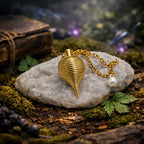 Pendule Merlin doré en métal avec corps en spirale posé sur une pierre blanche dans un décor nature mystique.