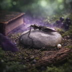 Pendule de radiesthésie Nil en laiton noir avec chambre à témoin, posé sur une pierre blanche au cœur d'une forêt mystique.