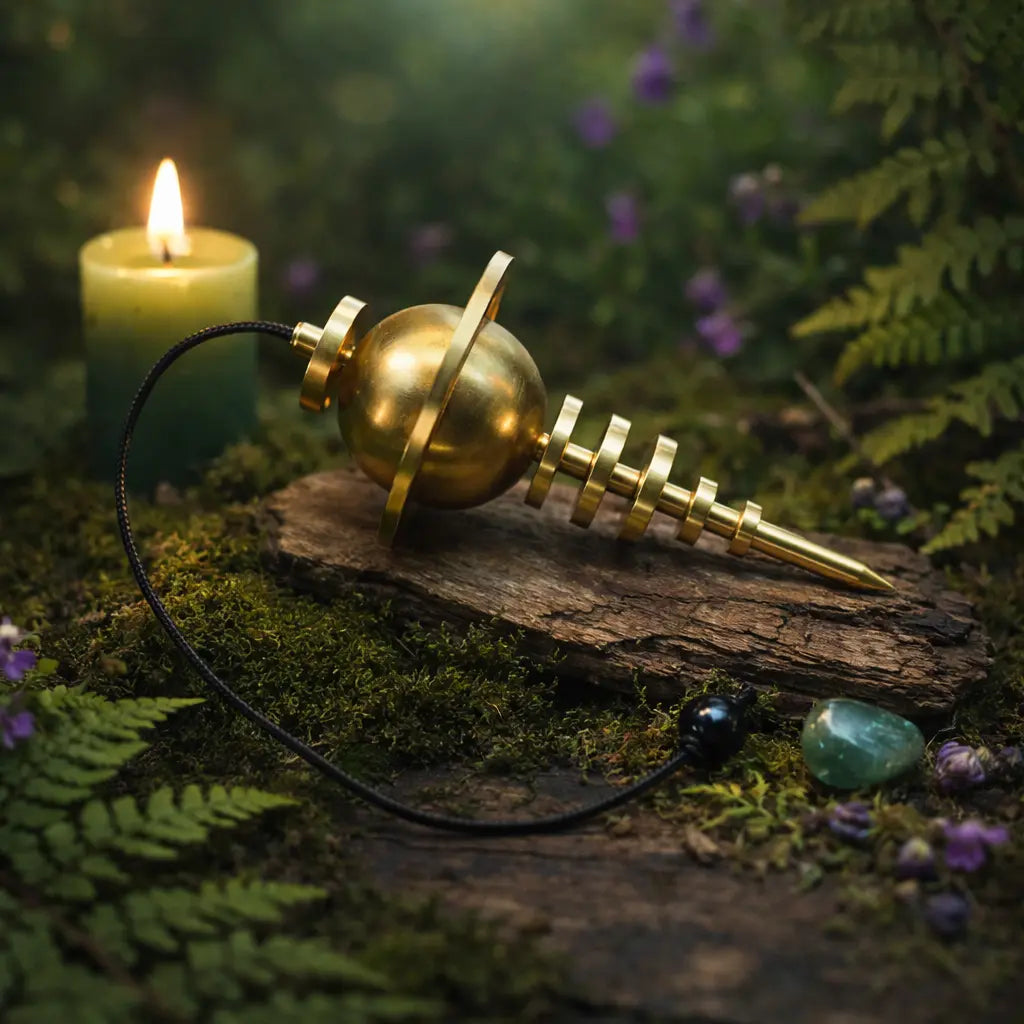 Pendule planétaire XXL en laiton doré avec anneau de Saturne posé sur un socle en bois dans une ambiance rituelle mystique avec bougie et fougères.
