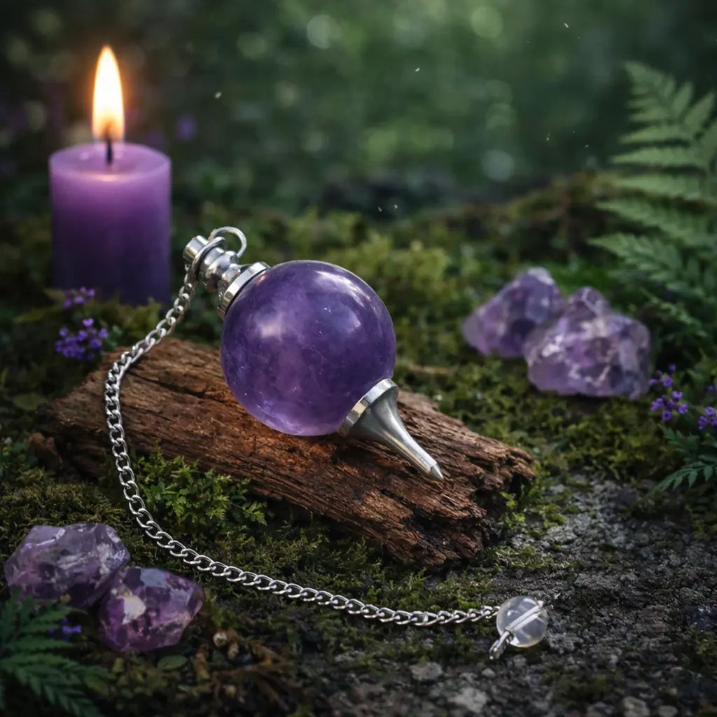Pendule Sephoroton en Améthyste violette avec monture argentée posé sur une écorce de bois dans une atmosphère rituelle mystique avec bougie pourpre.