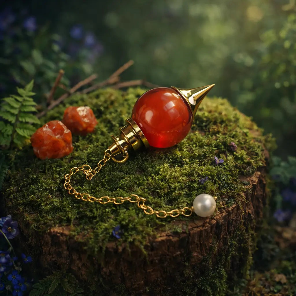Pendule Sephoroton en Cornaline rouge orangé éclatante avec monture dorée, posé sur une souche de bois moussue dans un décor de forêt mystique.