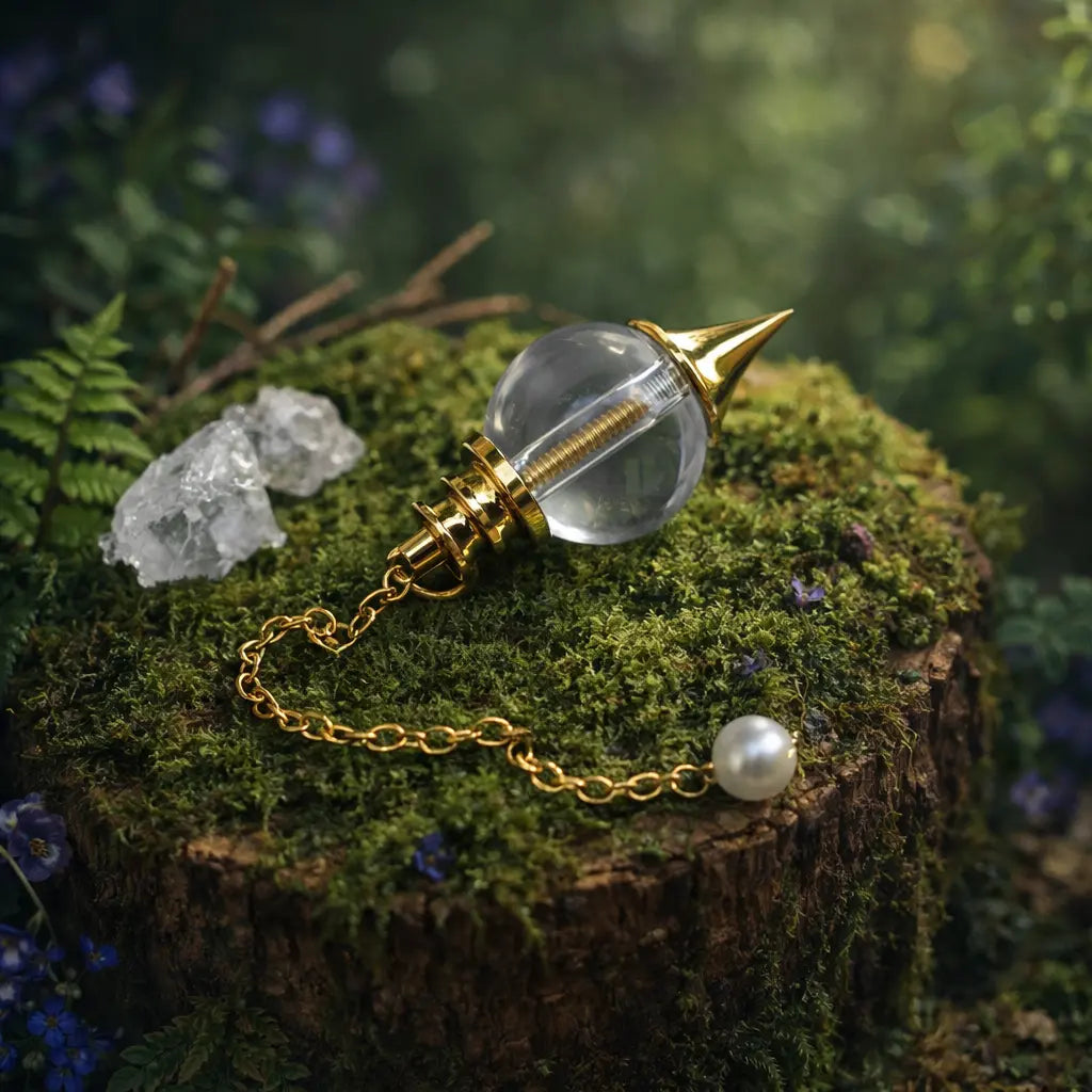Pendule Sephoroton en Cristal de Roche transparent avec monture dorée, posé sur une souche boisée avec des cristaux de quartz bruts et une lumière naturelle diffuse.