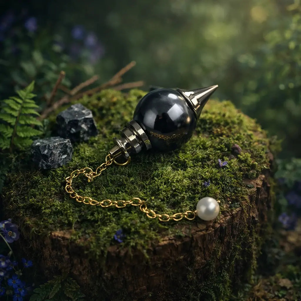 Pendule Sephoroton en Hématite gris anthracite métallique avec monture et chaîne dorées, posé sur une souche moussue dans un décor de forêt mystique.