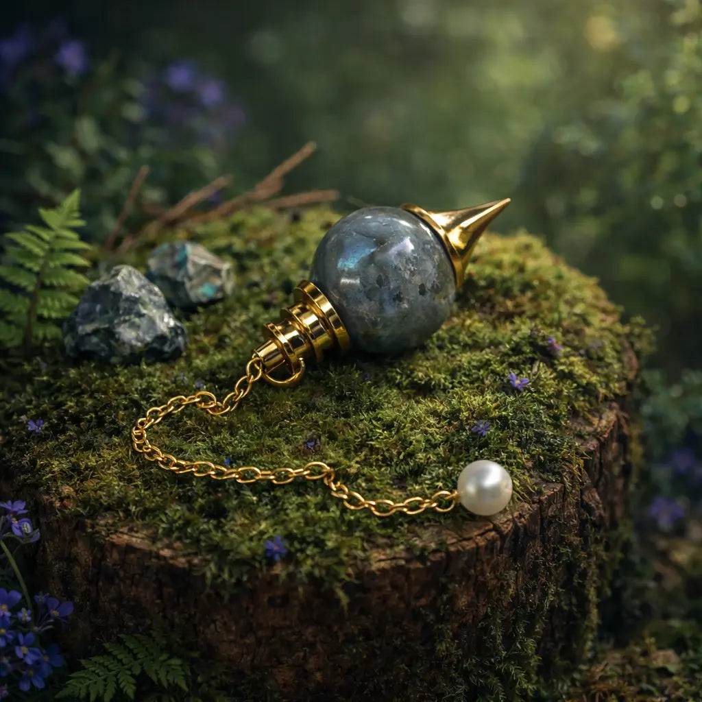 Pendule Sephoroton en Labradorite aux reflets irisés gris et bleutés avec monture dorée, posé sur une souche boisée entourée de fleurs bleues et de fougères.