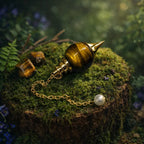 Pendule Sephoroton en Oeil de Tigre aux reflets chatoyants avec monture dorée, posé sur une souche boisée entourée de fougères et de fleurs violettes.