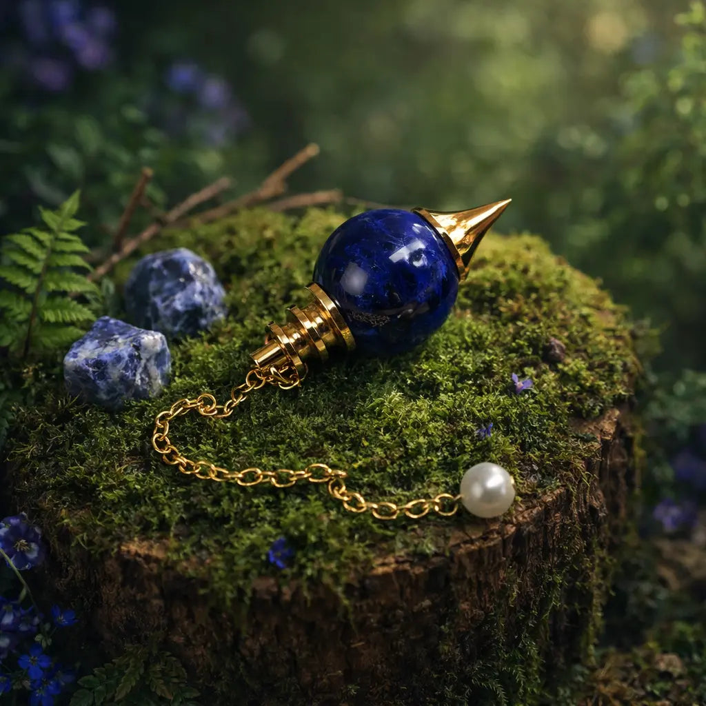 Pendule Sephoroton en Sodalite bleue intense avec monture et chaîne dorées, posé sur une souche de bois moussue dans un décor de forêt mystique.