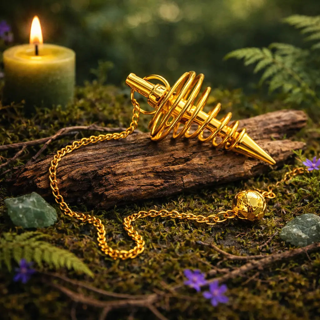 Pendule en spirale de laiton doré avec perle ciselée posé sur un bois ancien dans une ambiance de forêt enchantée avec bougie et cristaux.