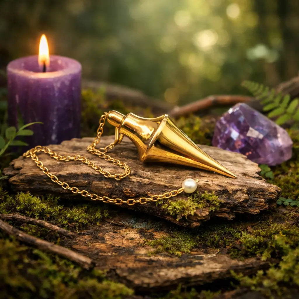 Pendule en forme de toupie en laiton doré avec perle nacrée posé sur une écorce ancienne dans un décor de forêt mystique avec bougie et cristal.