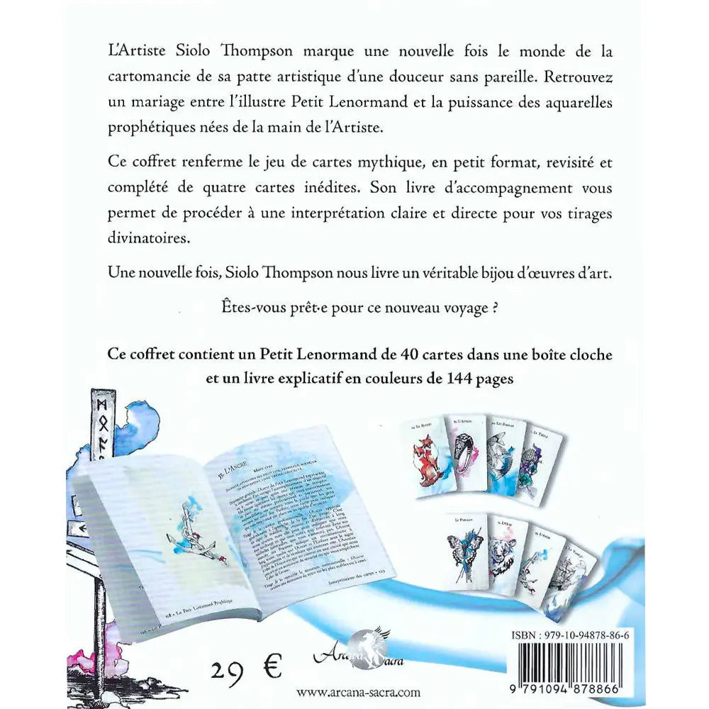 Le dos du coffret Petit Lenormand Prophétique présente le texte de description, le prix, le code-barres et un aperçu des cartes et du livret.