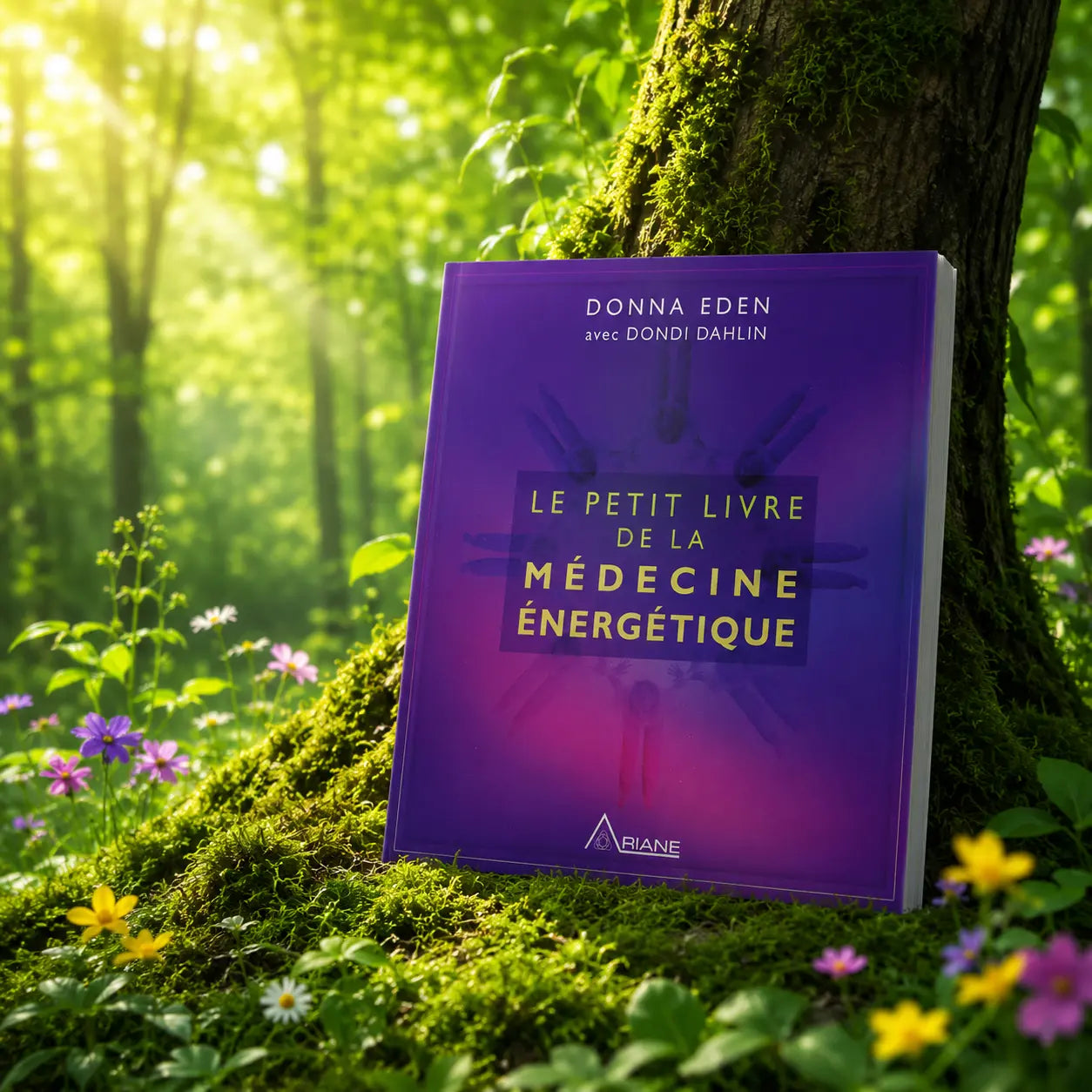 Livre Le Petit Livre de la Médecine Énergétique sur mousse sacrée au pied d'un arbre, entouré de fleurs violettes sous des rayons de soleil magiques.