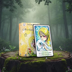Boîte jaune aquarelle Le Petit Oracle de Stef de Stéphanie Gras posée sur une souche, accompagnée d'une carte montrant une jeune fille câlinant un lapin blanc sous les étoiles.
