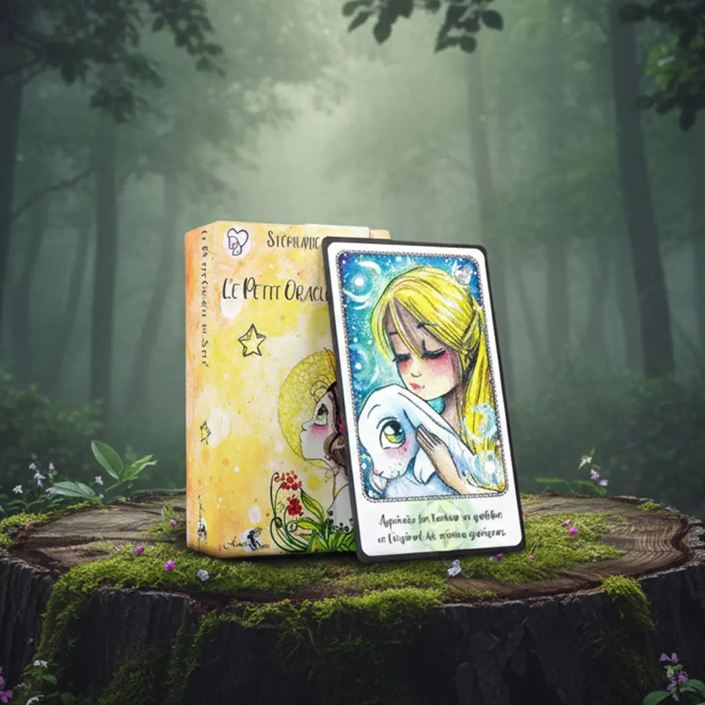 Boîte jaune aquarelle Le Petit Oracle de Stef de Stéphanie Gras posée sur une souche, accompagnée d'une carte montrant une jeune fille câlinant un lapin blanc sous les étoiles.