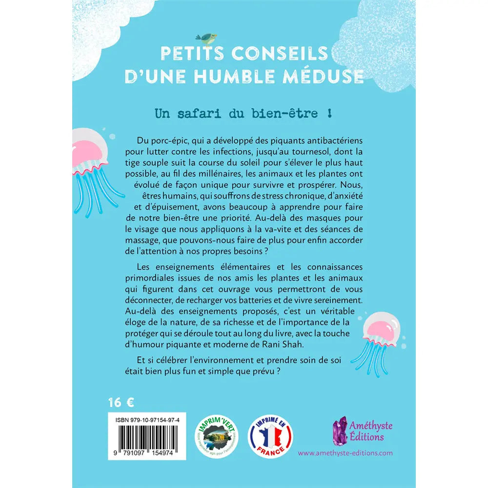 La quatrième de couverture du livre Petits Conseils d'une Humble Méduse affiche le résumé de l'ouvrage, le code-barres et des illustrations de méduses sur fond bleu turquoise.