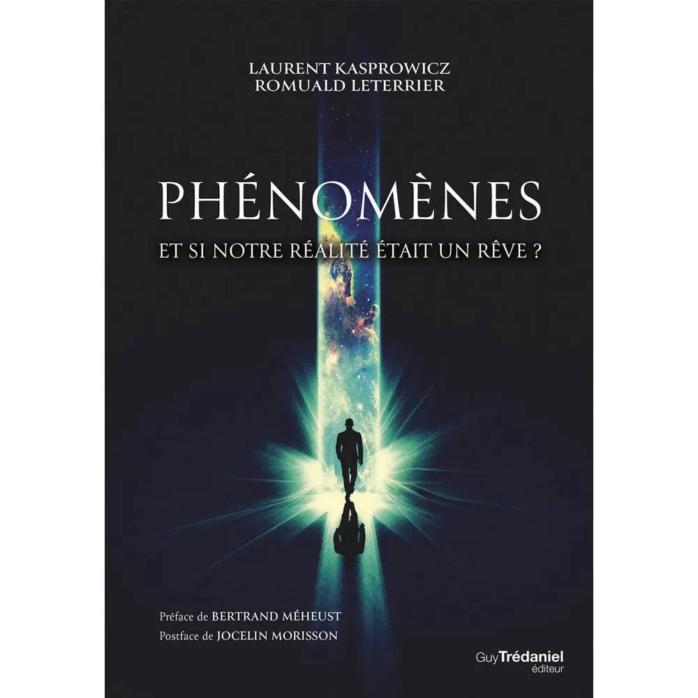 La couverture du livre Phénomènes montre une silhouette marchant vers une colonne de lumière cosmique sur fond noir.