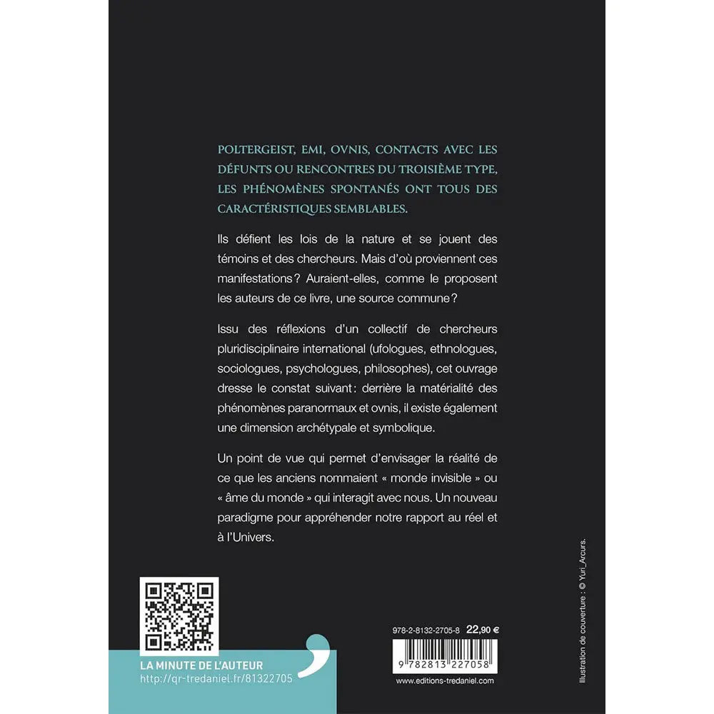 La quatrième de couverture du livre Phénomènes affiche le texte de présentation, un code-barres, un QR code et un logo de virgule sur un fond entièrement noir.