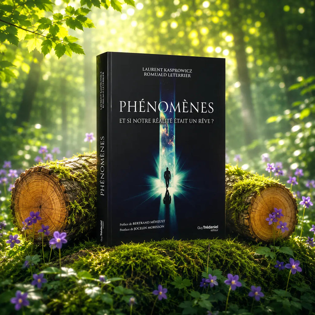 Livre Phénomènes - Romuald Leterrier, Laurent Kaspprowicz sur mousse sacrée au pied d'un arbre, entouré de fleurs violettes sous des rayons de soleil magiques.