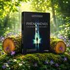 Livre Phénomènes - Romuald Leterrier, Laurent Kaspprowicz sur mousse sacrée au pied d'un arbre, entouré de fleurs violettes sous des rayons de soleil magiques.