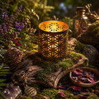 Photophore Eclairage d’ambiance Fleur de Vie en métal doré allumé, diffusant des ombres géométriques sacrées sur une racine moussue entourée de pétales de fleurs.