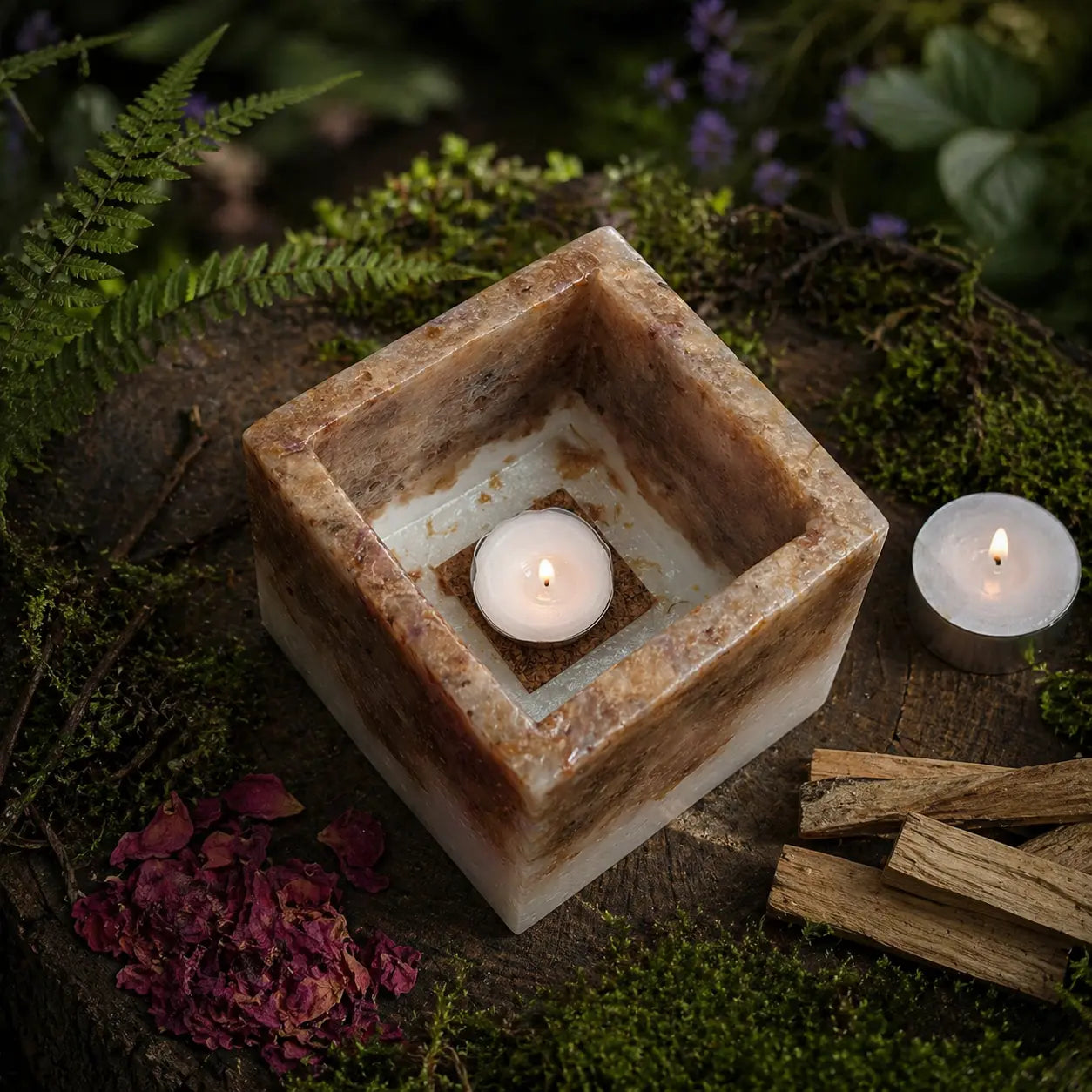 Photophore en sel de l'Himalaya sur une souche moussue avec bâtons de Palo Santo et pétales de rose.