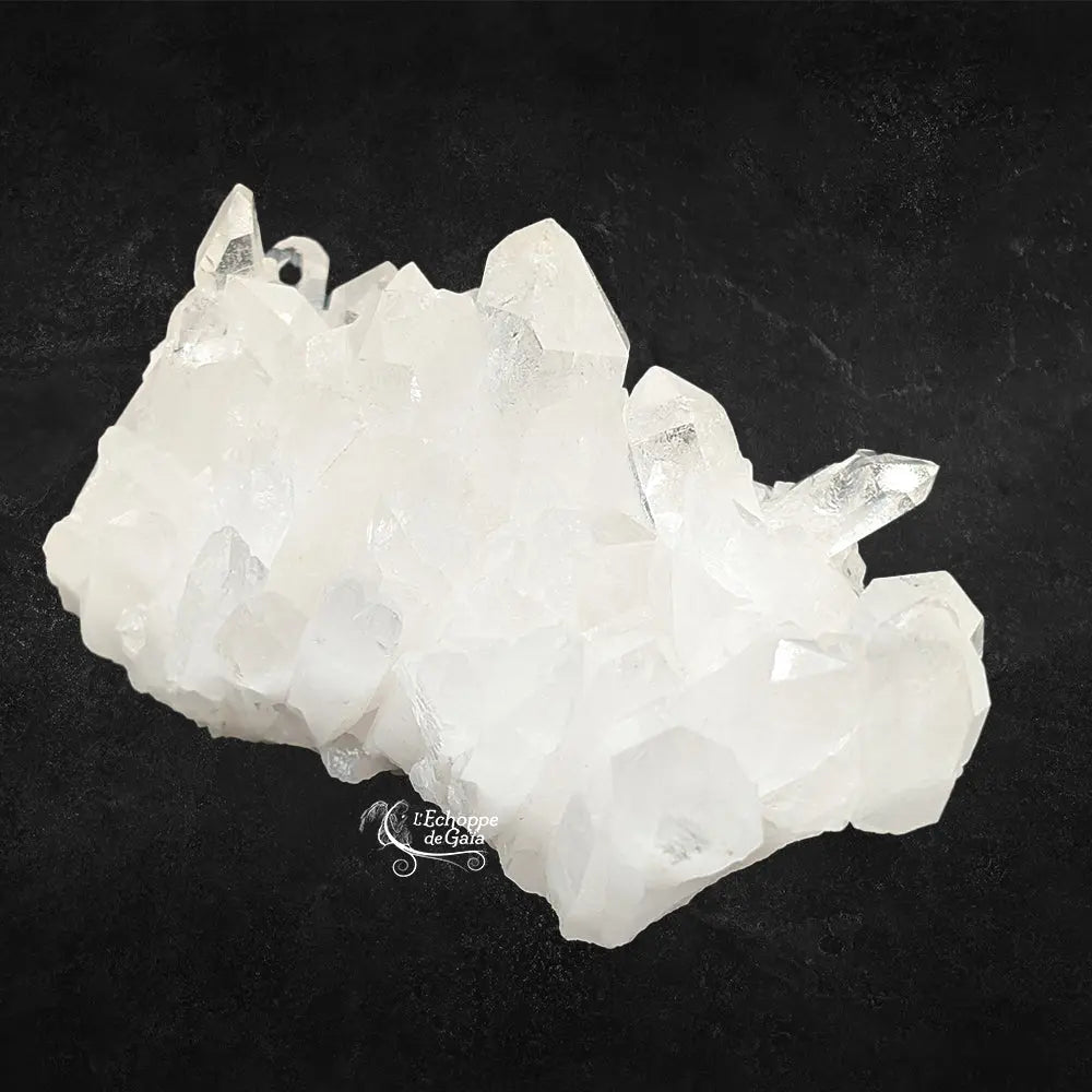 Amas cristal de roche blanc et opaque surmonté de pointes de quartz claires et inclinées sur fond noir.