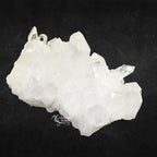 Amas cristal de roche blanc et opaque surmonté de pointes de quartz claires et inclinées sur fond noir.