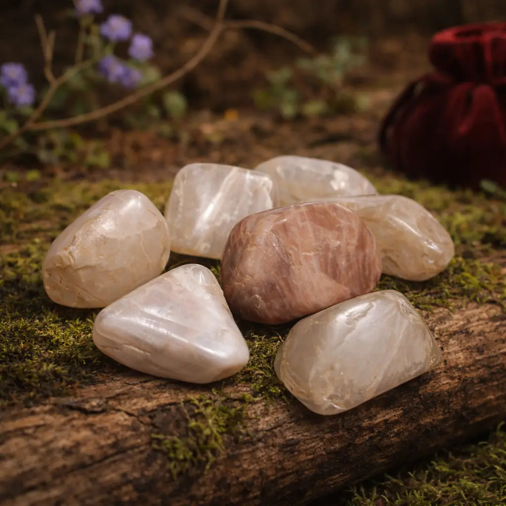 Sélection de pierres de lune roulées aux nuances blanc crème, nacrées et une pierre beige rosée, posées sur une branche moussue avec un pochon bordeaux.