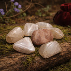 Sélection de pierres de lune roulées aux nuances blanc crème, nacrées et une pierre beige rosée, posées sur une branche moussue avec un pochon bordeaux.