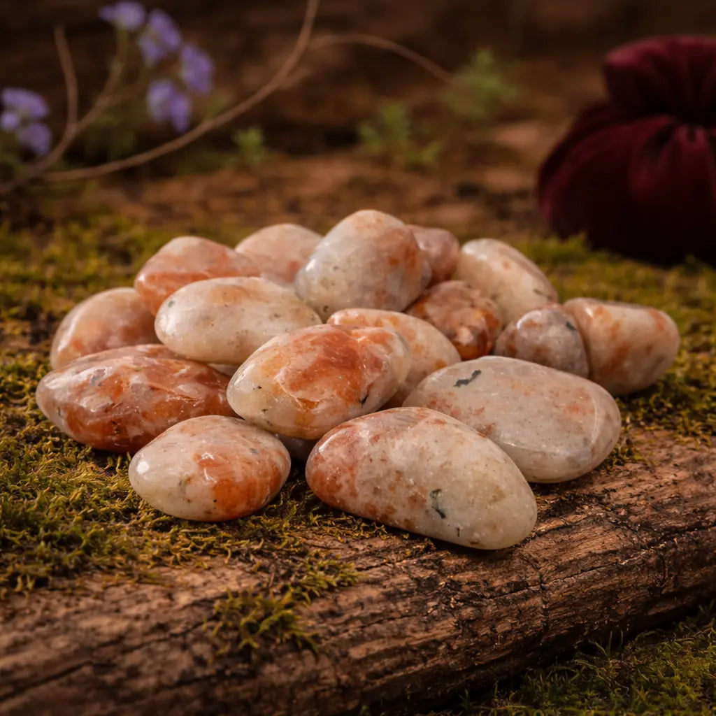 Tas de pierres de soleil polies aux reflets orangés et pailletés sur une base crème, disposées sur une branche moussue avec un pochon bordeaux.