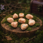Pierres roulées de Soleil aux nuances orangées et scintillantes, disposées en cercle sur une tranche de bois moussue devant un coffret mystique dans une forêt enchantée.