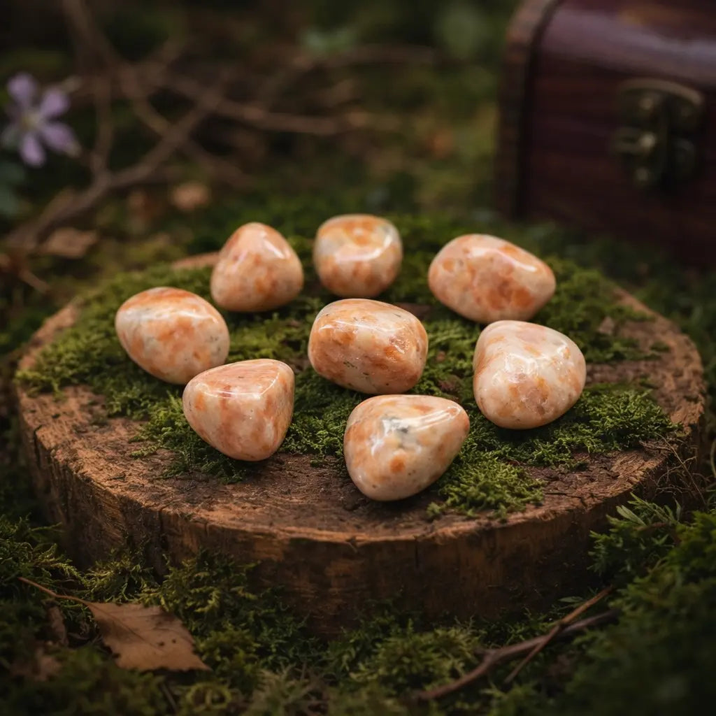 Pierres roulées de Soleil aux nuances orangées et scintillantes, disposées en cercle sur une tranche de bois moussue devant un coffret mystique dans une forêt enchantée.
