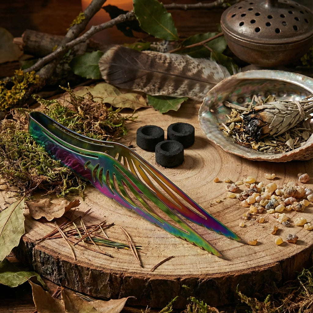 Pince métallique arc-en-ciel en forme d'aile d'ange de 20 cm, posée sur un autel naturel avec charbons ardents, sauge et résines.