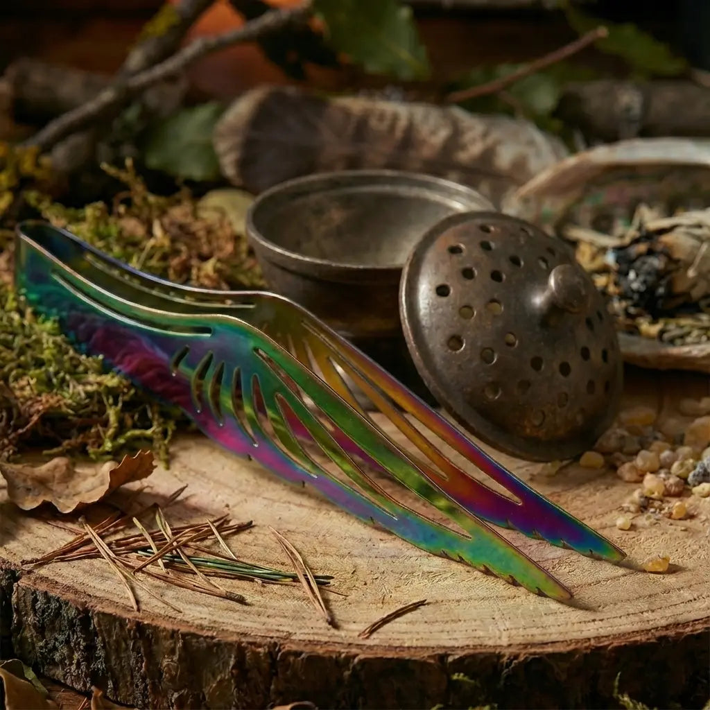 Gros plan sur la pince à charbon irisée motif aile d'ange, présentée à côté d'un brûle-encens en métal sur un support en bois.