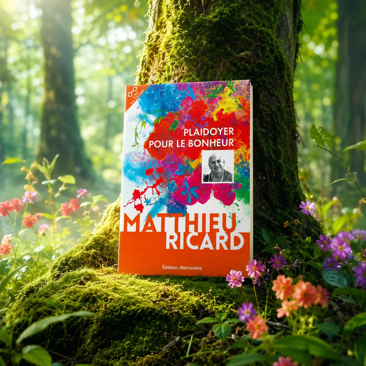 Livre Plaidoyer pour le Bonheur - Matthieu Ricard sur mousse sacrée au pied d'un arbre, entouré de fleurs violettes sous des rayons de soleil magiques.