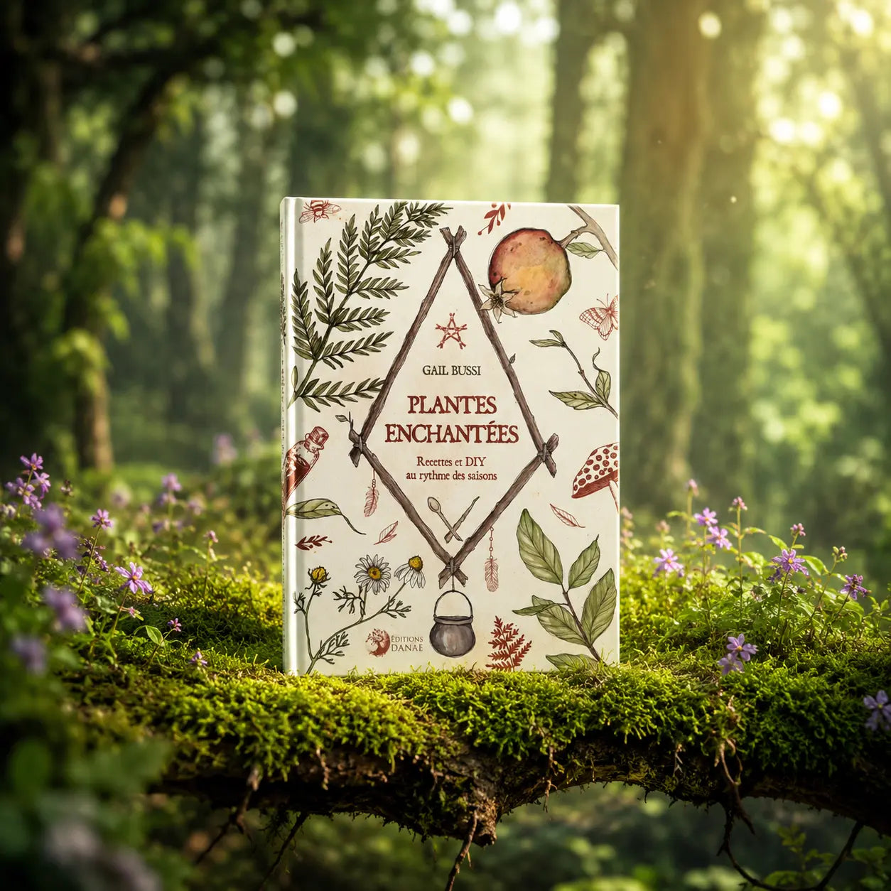 Livre Plantes Enchantées - Gail Bussi sur mousse sacrée au pied d'un arbre, entouré de fleurs violettes sous des rayons de soleil magiques.